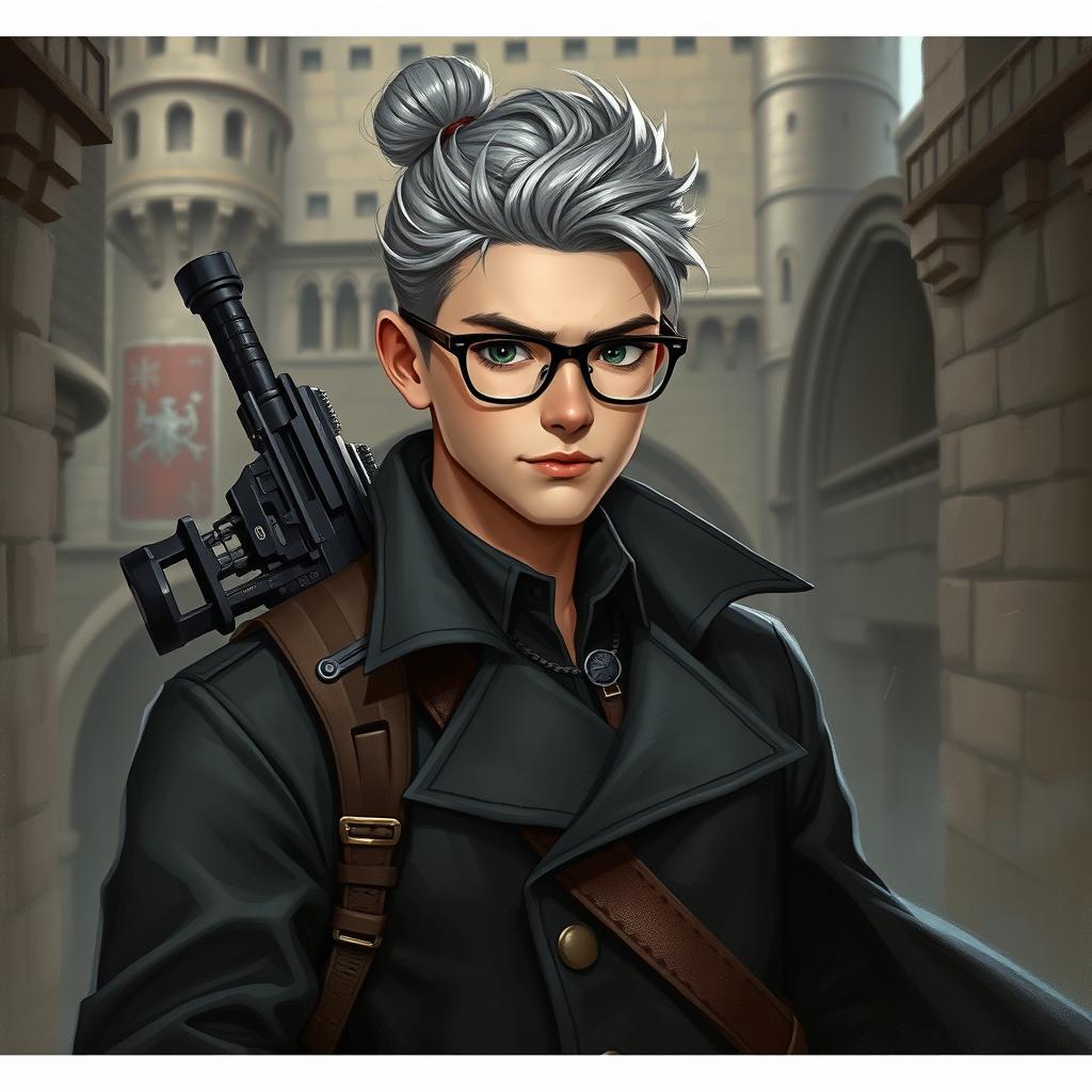 A D&D style portrait of a young man with grey hair styled in a bun, wearing stylish glasses