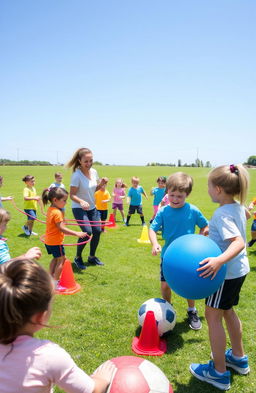 A lively scene of a physical education class for young primary school kids, engaging in various fun and creative activities