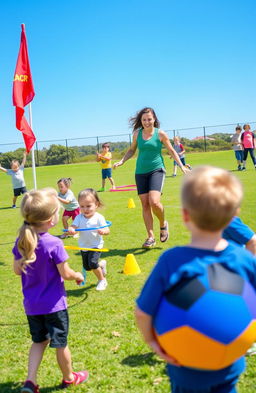 A lively scene of a physical education class for young primary school kids, engaging in various fun and creative activities