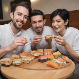 Homosapiens enjoying sushi that is creatively placed in a burger