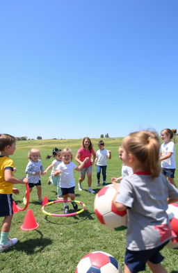 A lively scene of a physical education class for young primary school kids, engaging in various fun and creative activities