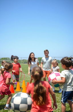 A lively scene of a physical education class for young primary school kids, engaging in various fun and creative activities