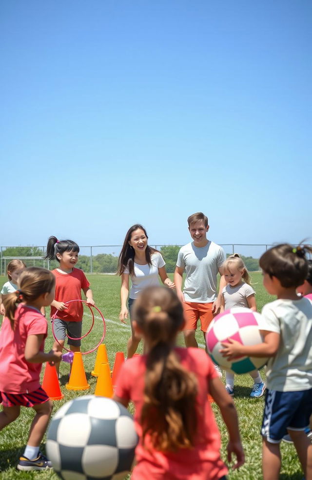 A lively scene of a physical education class for young primary school kids, engaging in various fun and creative activities