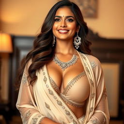 A stunningly beautiful Indian woman, tall and elegant, with fair skin and long, luscious hair