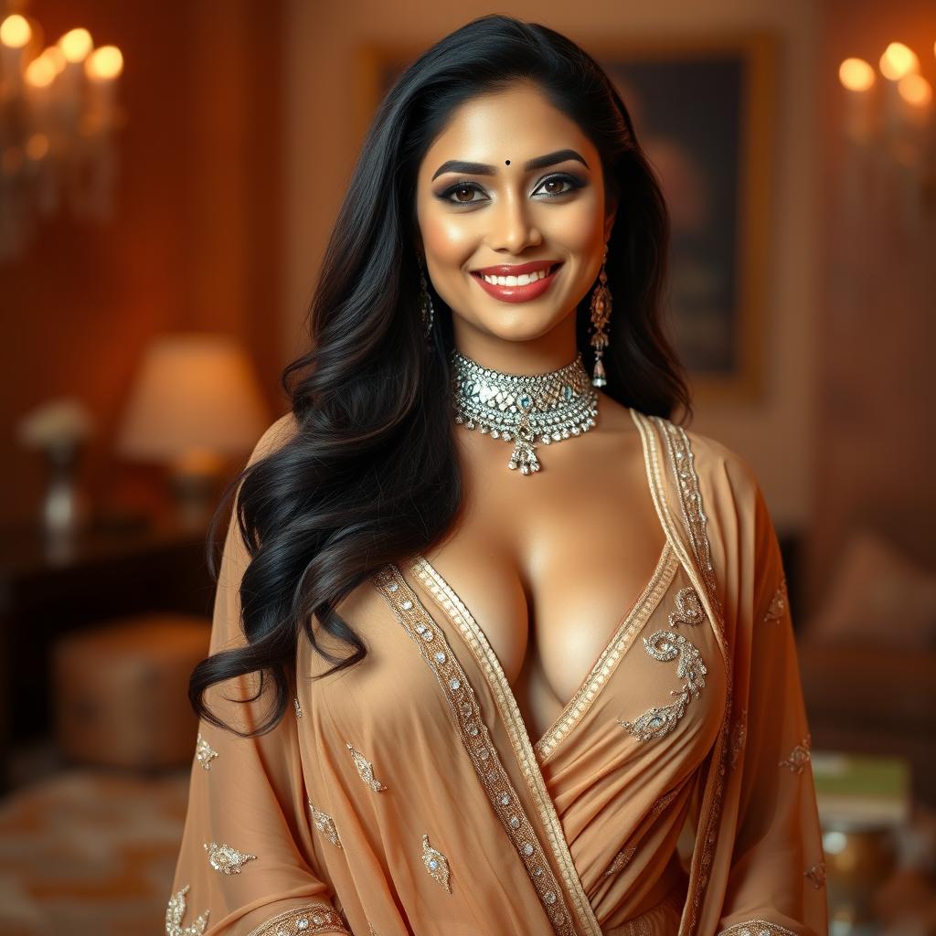 A stunningly beautiful Indian woman, tall and elegant, with fair skin and long, luscious hair