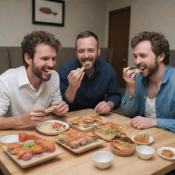 Homosapiens enjoying sushi that is creatively placed in a burger