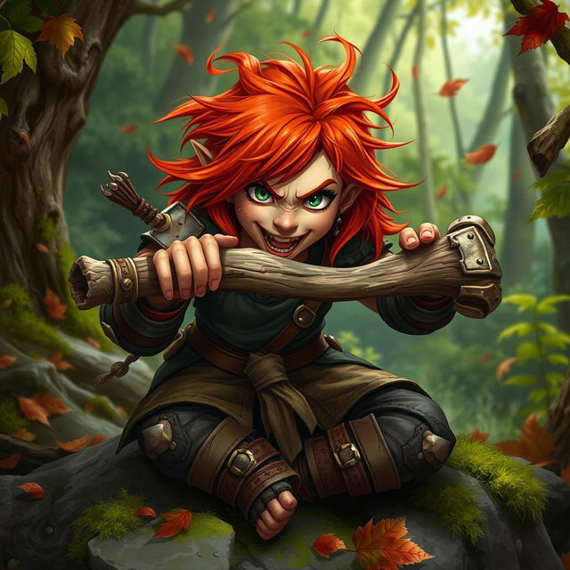 A fierce and wild female feral redhead halfling fighter is depicted in a dynamic pose as she energetically chews on a rugged bone