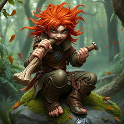 A fierce and wild female feral redhead halfling fighter is depicted in a dynamic pose as she energetically chews on a rugged bone