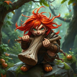 A fierce and wild female feral redhead halfling fighter is depicted in a dynamic pose as she energetically chews on a rugged bone