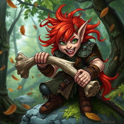 A fierce and wild female feral redhead halfling fighter is depicted in a dynamic pose as she energetically chews on a rugged bone