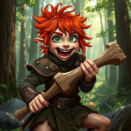 A spirited female feral redhead halfling fighter is shown in an animated pose, energetically gnawing on a rugged bone