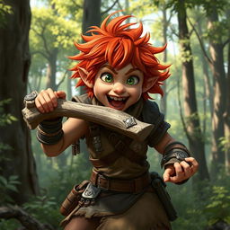 A spirited female feral redhead halfling fighter is shown in an animated pose, energetically gnawing on a rugged bone