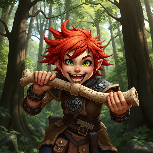 A spirited female feral redhead halfling fighter is shown in an animated pose, energetically gnawing on a rugged bone