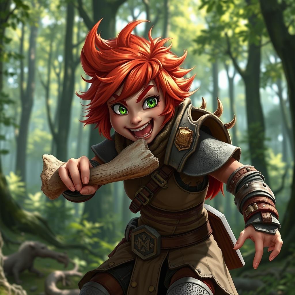 A spirited female feral redhead halfling fighter is shown in an animated pose, energetically gnawing on a rugged bone