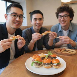 Homosapiens enjoying sushi that is creatively placed in a burger