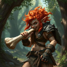 A fierce female feral redhead halfling fighter, with wild, untamed hair and sharp features, wearing rugged leather armor, is depicted passionately chewing on a large bone