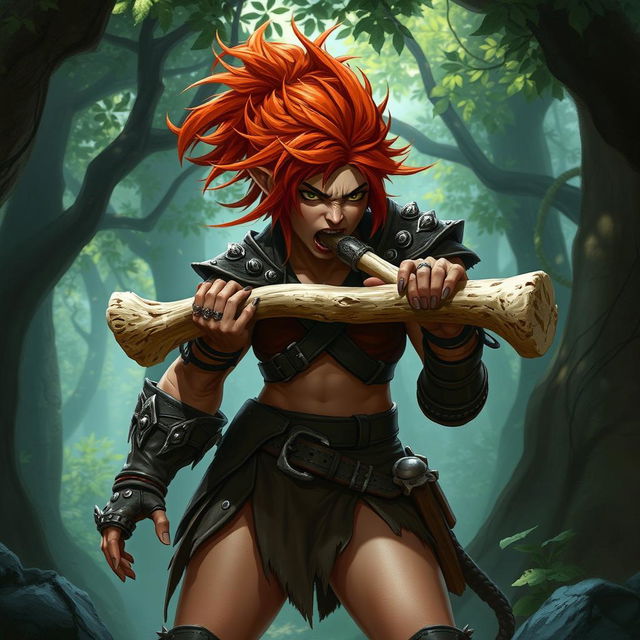 A fierce female feral redhead halfling fighter, with wild, untamed hair and sharp features, wearing rugged leather armor, is depicted passionately chewing on a large bone