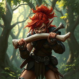 A fierce female feral redhead halfling fighter, with wild, untamed hair and sharp features, wearing rugged leather armor, is depicted passionately chewing on a large bone