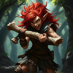 A fierce female feral redhead halfling fighter, with wild, untamed hair and sharp features, wearing rugged leather armor, is depicted passionately chewing on a large bone