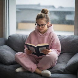 A girl with a messy bun and glasses, comfortably settled on a one-seater couch reading a book