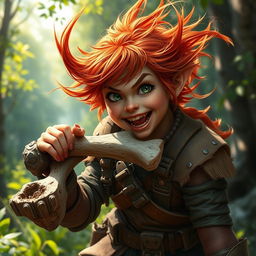 A dynamic and playful female feral redhead halfling fighter is captured mid-action as she enthusiastically chews on a rugged bone