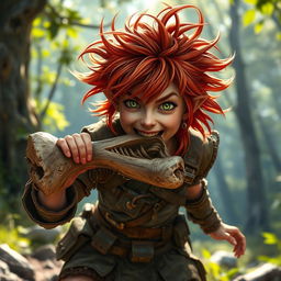 A dynamic and playful female feral redhead halfling fighter is captured mid-action as she enthusiastically chews on a rugged bone