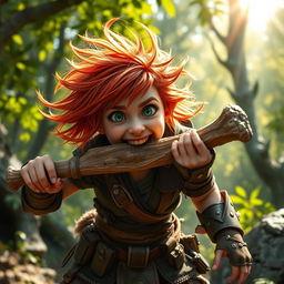 A dynamic and playful female feral redhead halfling fighter is captured mid-action as she enthusiastically chews on a rugged bone