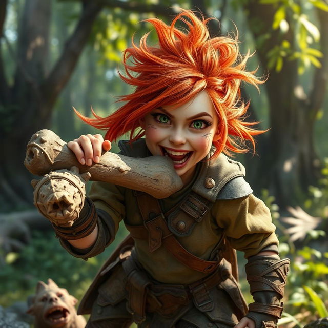 A dynamic and playful female feral redhead halfling fighter is captured mid-action as she enthusiastically chews on a rugged bone