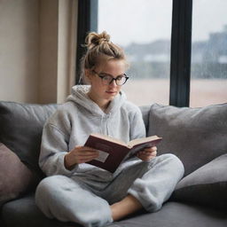 A girl with a messy bun and glasses, comfortably settled on a one-seater couch reading a book