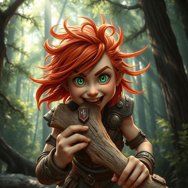 A lively and fierce female feral redhead halfling fighter is captured mid-action, enthusiastically chewing on a rugged bone