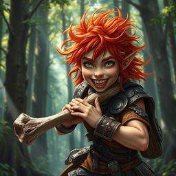 A lively and fierce female feral redhead halfling fighter is captured mid-action, enthusiastically chewing on a rugged bone