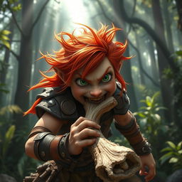 A lively and fierce female feral redhead halfling fighter is captured mid-action, enthusiastically chewing on a rugged bone