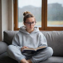 A girl with a messy bun and glasses, comfortably settled on a one-seater couch reading a book