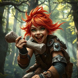 A lively and fierce female feral redhead halfling fighter is captured mid-action, enthusiastically chewing on a rugged bone