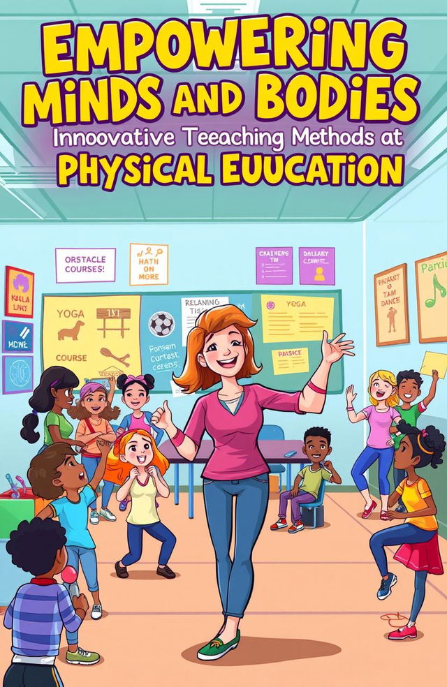 A vibrant and engaging cartoon-style illustration depicting various innovative teaching methods in physical education