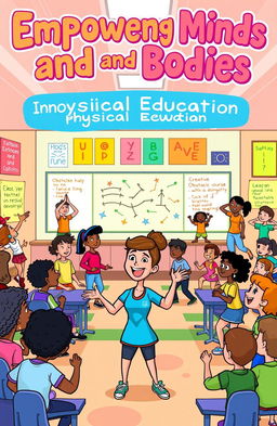 A vibrant and engaging cartoon-style illustration depicting various innovative teaching methods in physical education