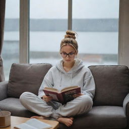 A girl with a messy bun and glasses, comfortably settled on a one-seater couch reading a book