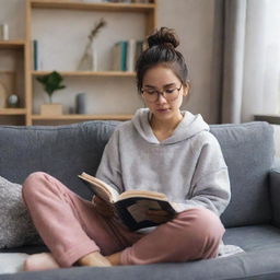 An Asian girl with dark brown hair in a messy bun and glasses, sitting on a one-seater couch reading a book