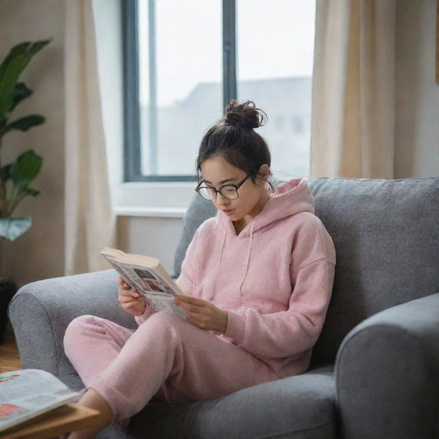 An Asian girl with dark brown hair in a messy bun and glasses, sitting on a one-seater couch reading a book