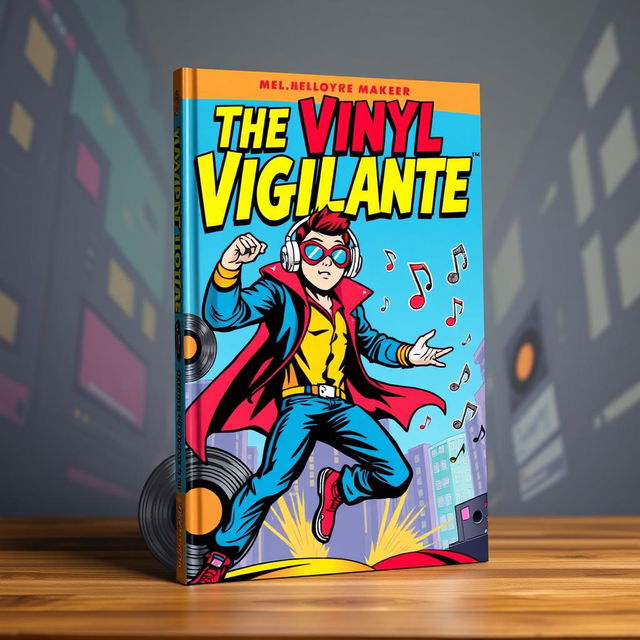 A vibrant and dynamic book cover design for 'The Vinyl Vigilante' by Melody Maker