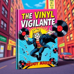 A vibrant and dynamic book cover design for 'The Vinyl Vigilante' by Melody Maker