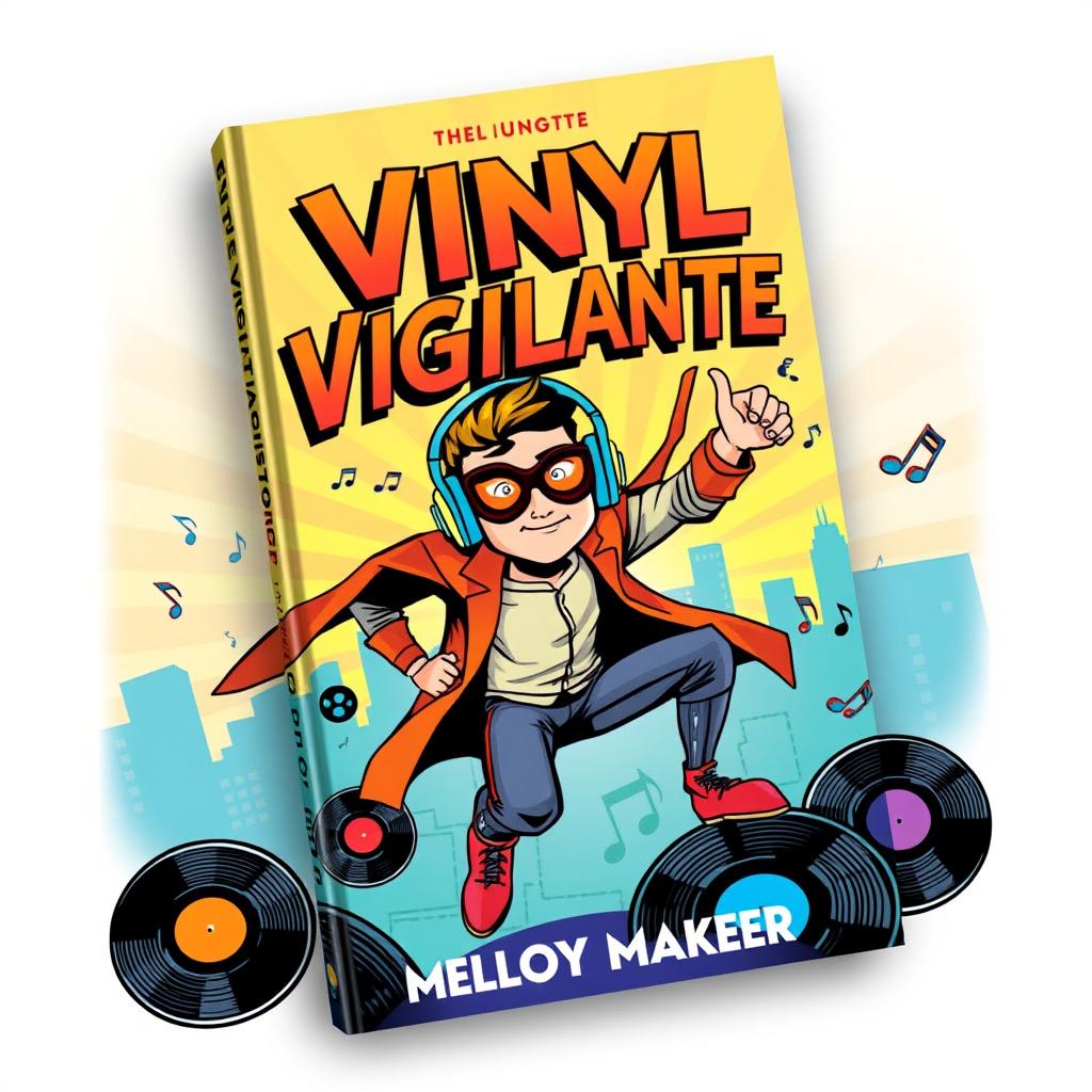 A vibrant and dynamic book cover design for 'The Vinyl Vigilante' by Melody Maker