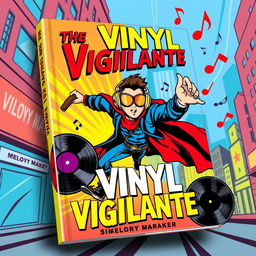 A vibrant and dynamic book cover design for 'The Vinyl Vigilante' by Melody Maker
