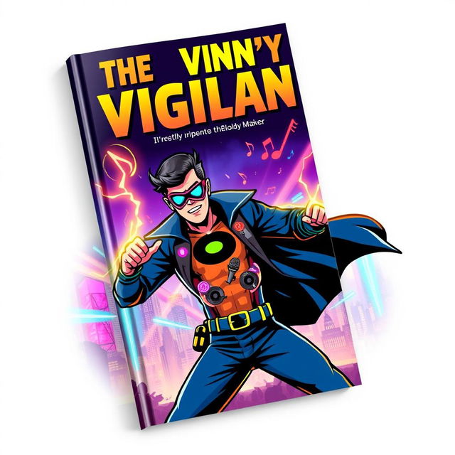 A vibrant and dynamic book cover design featuring 'The Vinyl Vigilante' by Melody Maker