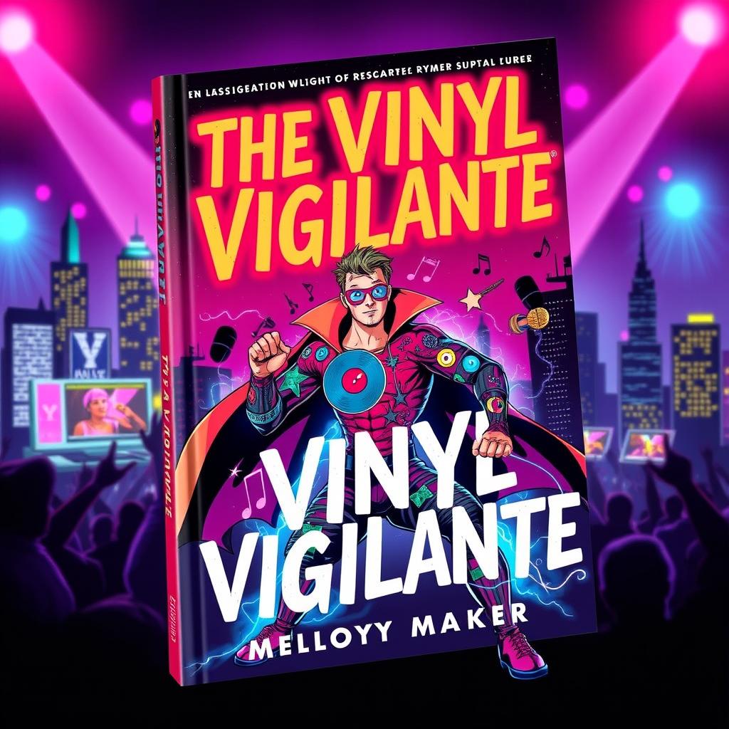 A vibrant and dynamic book cover design featuring 'The Vinyl Vigilante' by Melody Maker