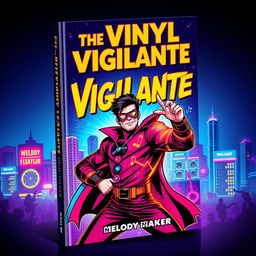 A vibrant and dynamic book cover design featuring 'The Vinyl Vigilante' by Melody Maker