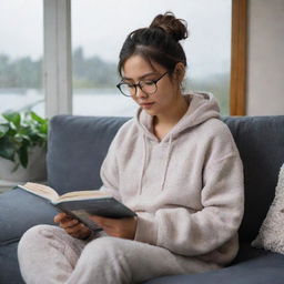 An Asian girl with dark brown hair in a messy bun and glasses, sitting on a one-seater couch reading a book