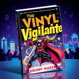A vibrant and dynamic book cover design featuring 'The Vinyl Vigilante' by Melody Maker