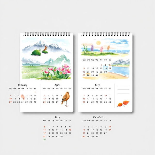 A beautifully designed calendar with a serene nature theme, featuring picturesque landscapes for each month