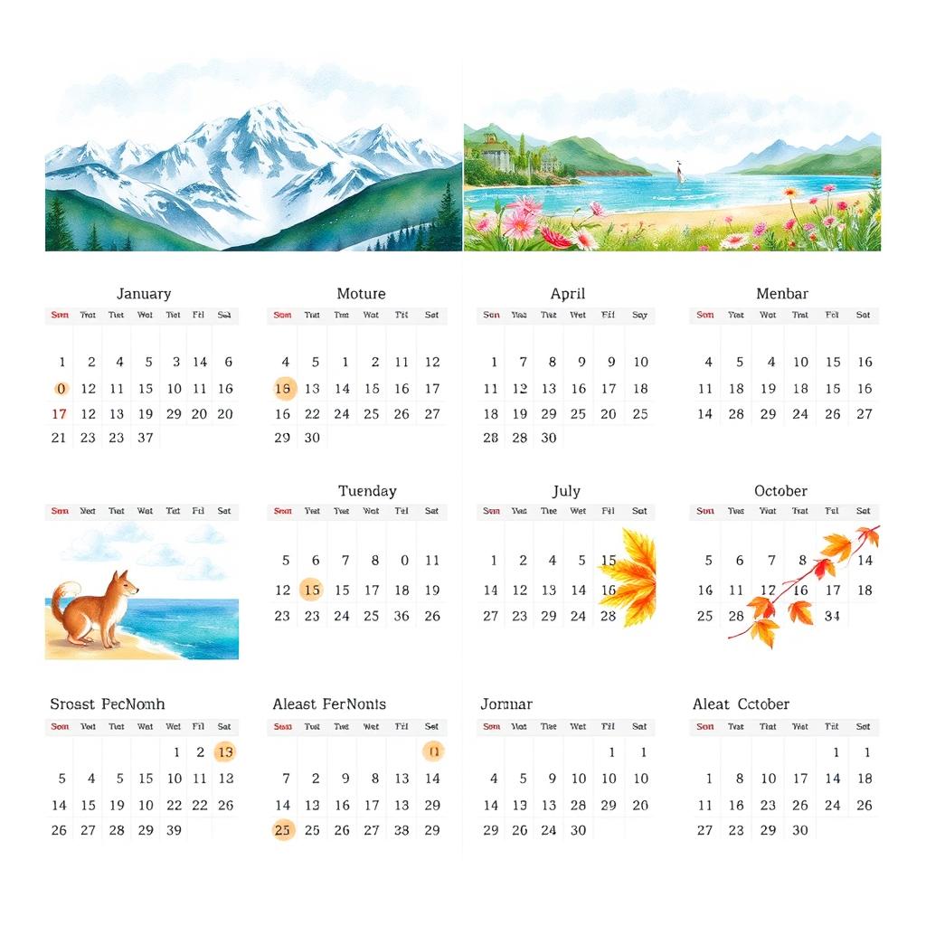 A beautifully designed calendar with a serene nature theme, featuring picturesque landscapes for each month